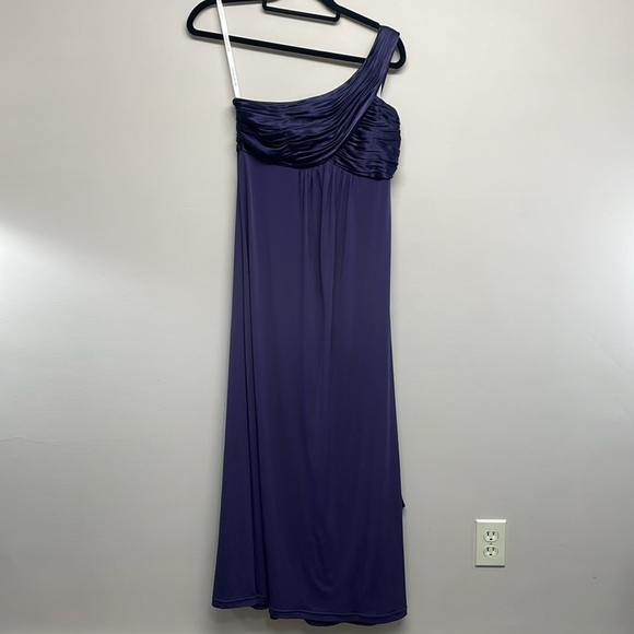 David’s Bridal One Shoulder Long Jersey Dress with Cascade Back Lapis Purple 8 - Picture 3 of 16